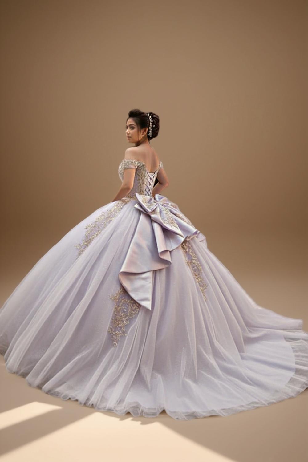 Off Shoulder Corset Beaded Applique Quinceanera Ball Gown in Lilac Gold (ZD17561)