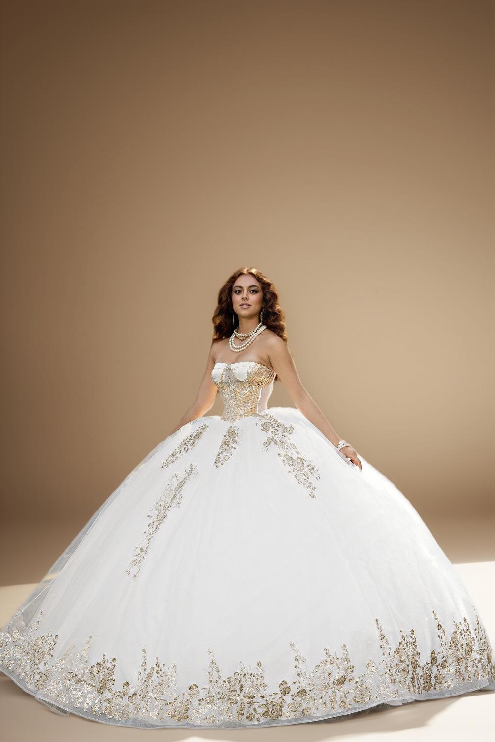 Strapless Glitter Tulle Quinceanera Ball Gown in Ivory Gold (ZD17562)