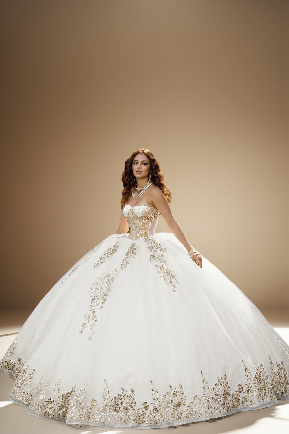 Strapless Glitter Tulle Quinceanera Ball Gown in Ivory Gold (ZD17562)