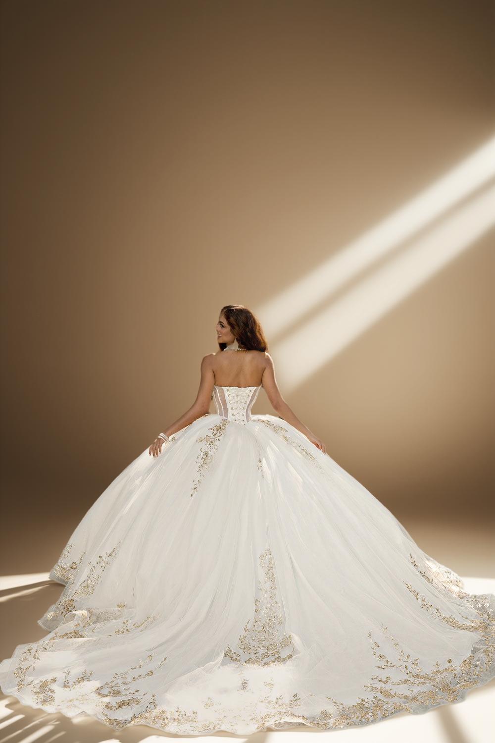 Strapless Glitter Tulle Quinceanera Ball Gown in Ivory Gold (ZD17562)