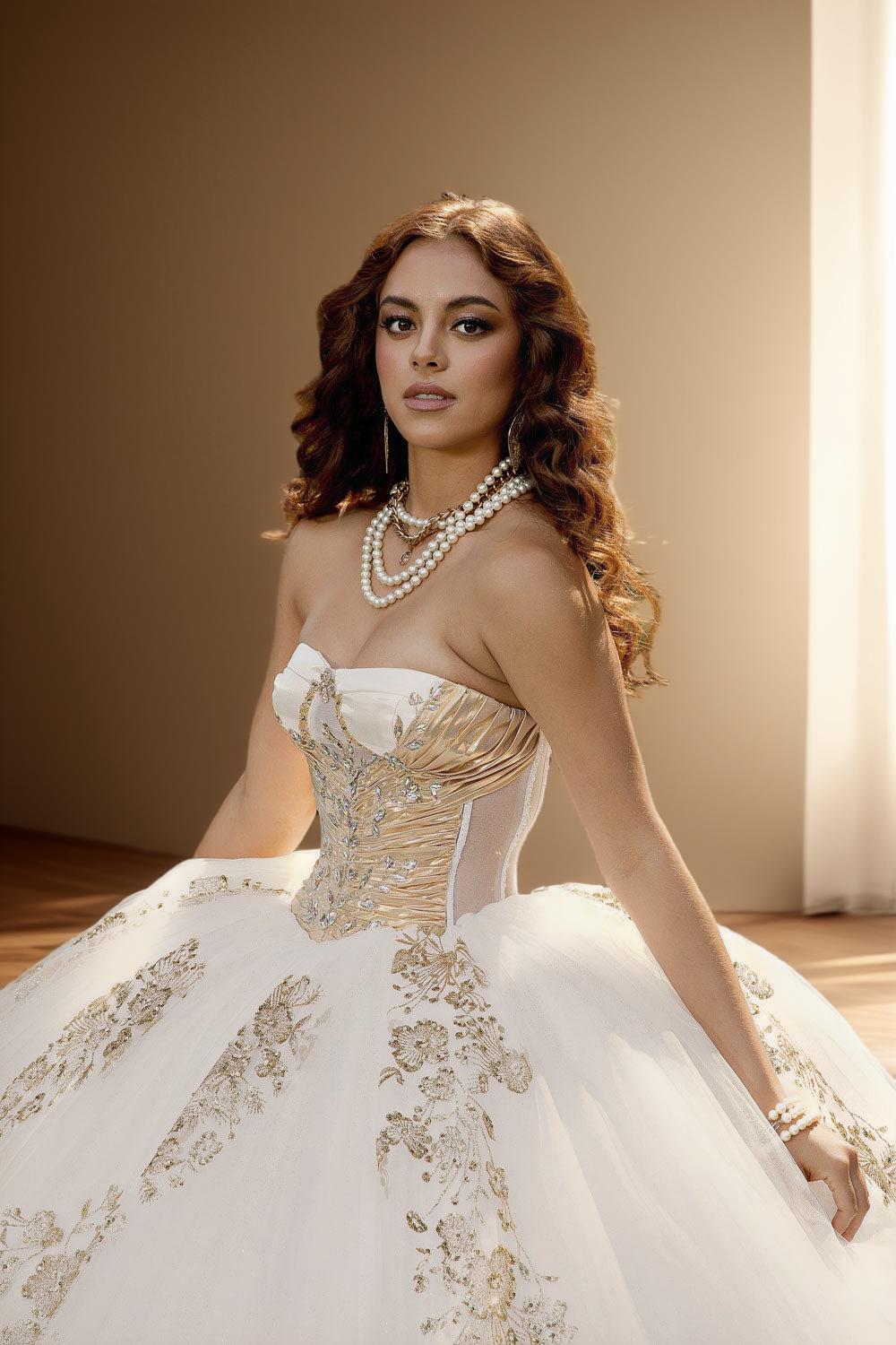 Strapless Glitter Tulle Quinceanera Ball Gown in Ivory Gold (ZD17562)