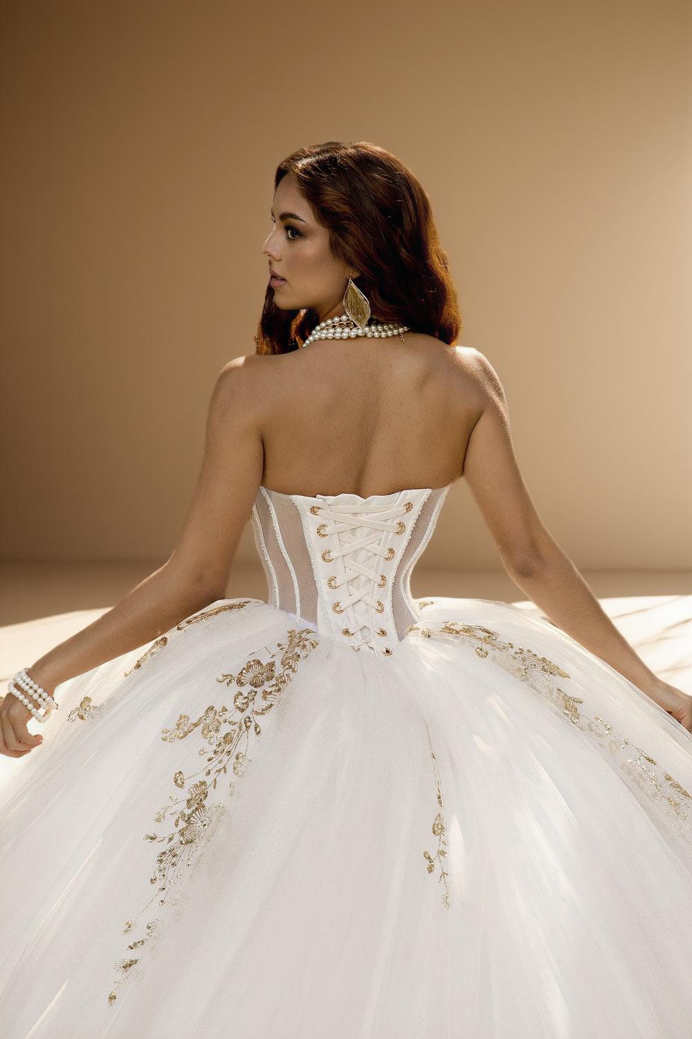 Strapless Glitter Tulle Quinceanera Ball Gown in Ivory Gold (ZD17562)