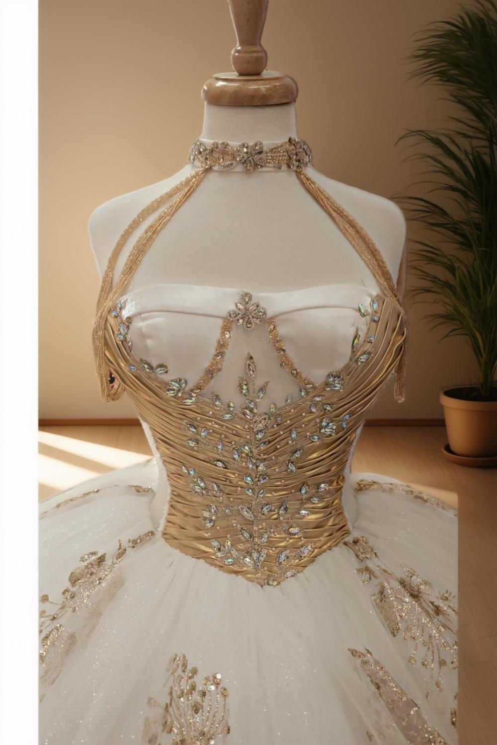 Strapless Glitter Tulle Quinceanera Ball Gown in Ivory Gold (ZD17562)