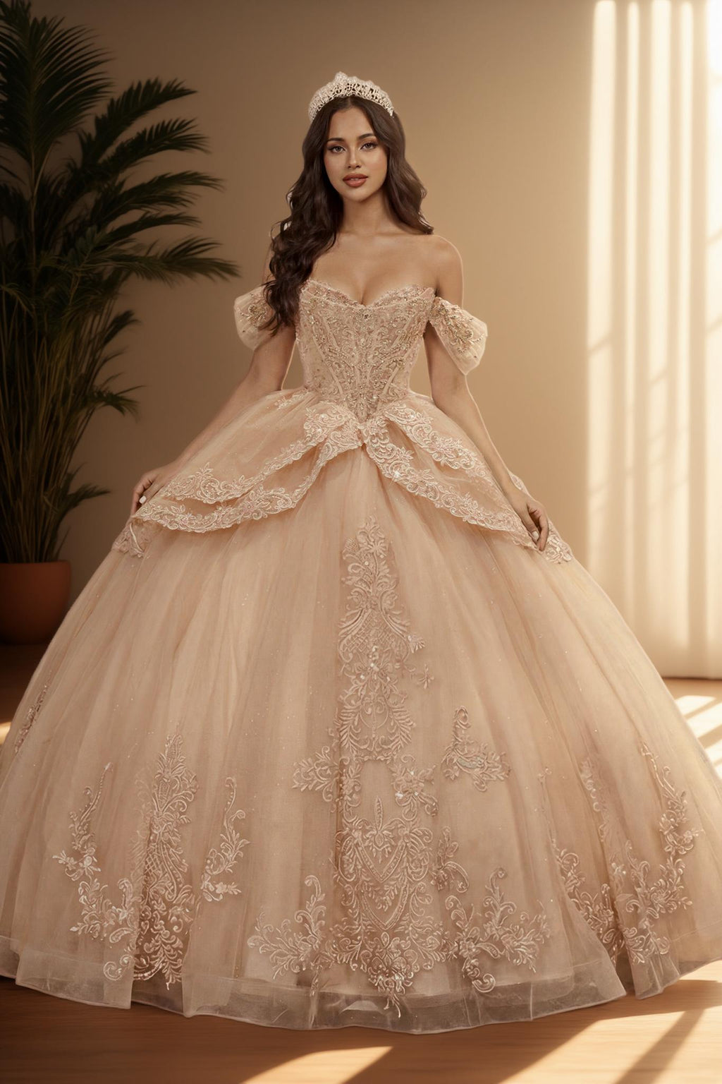 Off Shoulder Embroidered Applique Quinceanera Ball Gown (ZD17563)