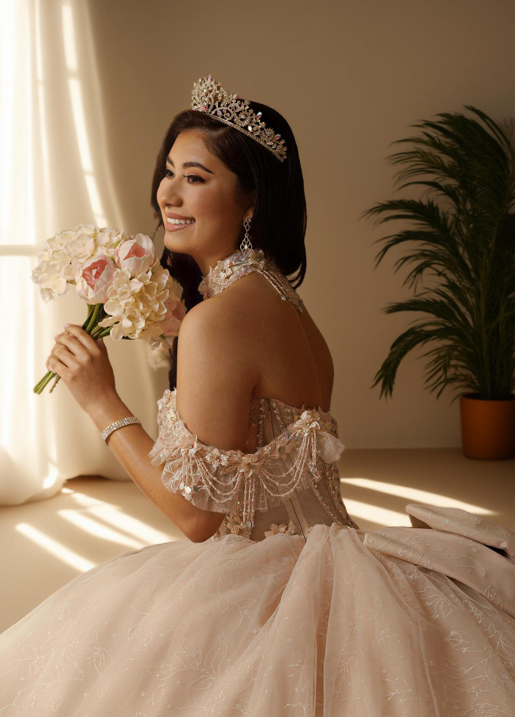 3D Floral Off Shoulder Quinceanera Ball Gown with Beaded Fringe (ZD17567)