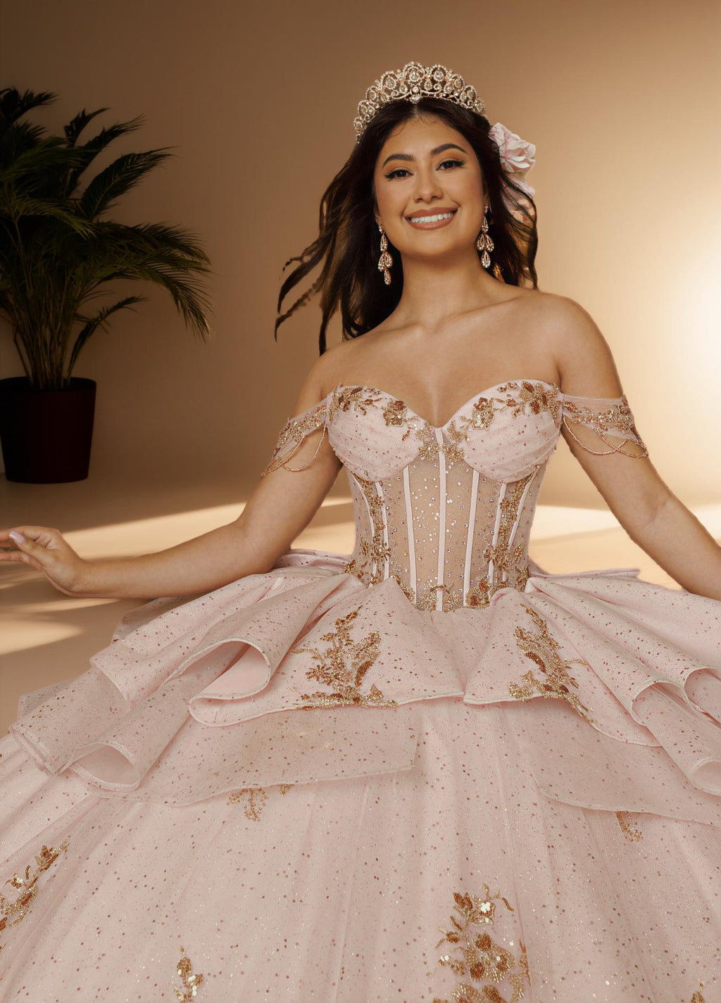 Off Shoulder Beaded Fringe Quinceanera Ball Gown (ZD17568)