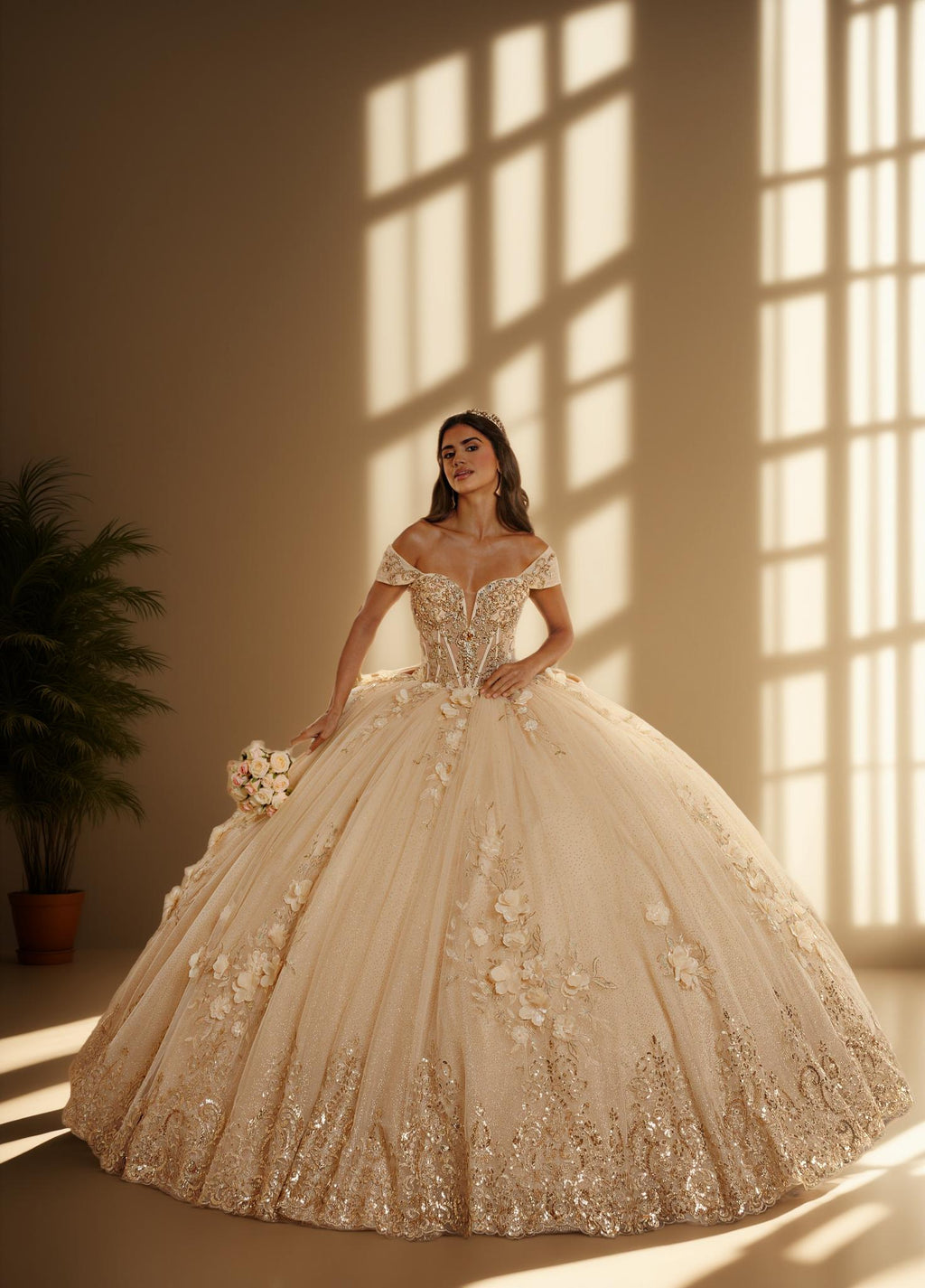 3D Floral Strapless Quinceanera Ball Gown with Off Shoulder Sleeves (ZD17571)