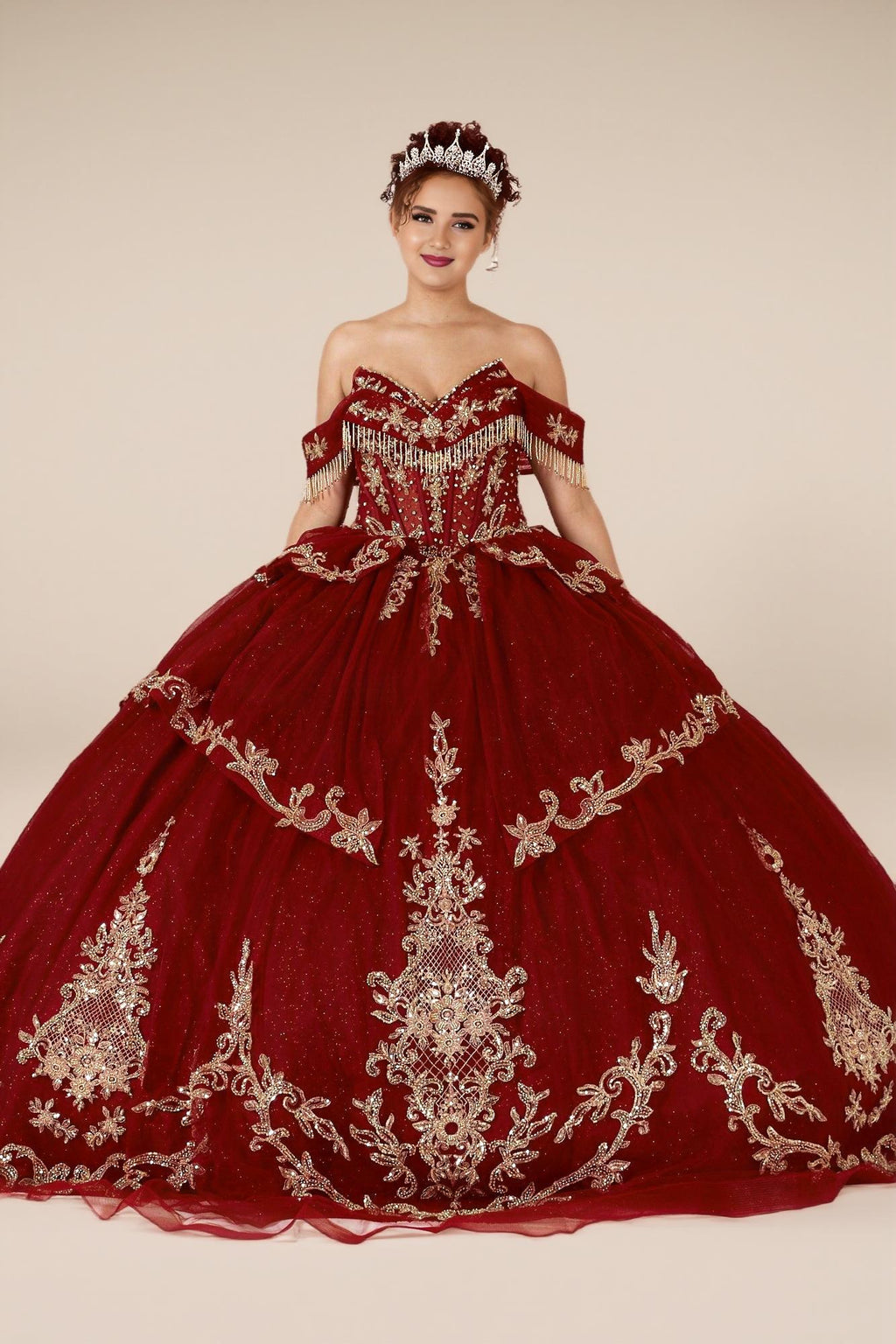 Burgundy Gold Off Shoulder Quinceanera Dress Beaded Fringe Glitter Tulle Ball Gown (ZD17593)