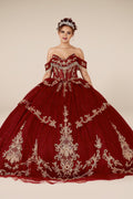 Burgundy Gold Off Shoulder Quinceanera Dress Beaded Fringe Glitter Tulle Ball Gown (ZD17593)