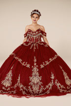 Burgundy Gold Off Shoulder Quinceanera Dress Beaded Fringe Glitter Tulle Ball Gown (ZD17593)