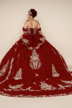 Burgundy Gold Off Shoulder Quinceanera Dress Beaded Fringe Glitter Tulle Ball Gown (ZD17593)