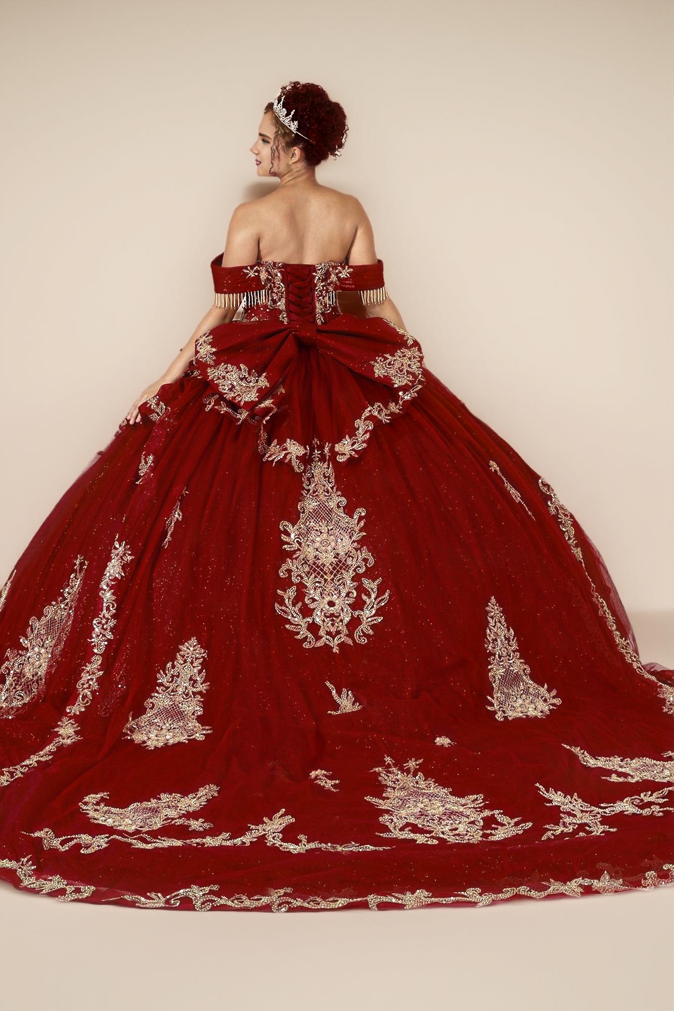 Burgundy Gold Off Shoulder Quinceanera Dress Beaded Fringe Glitter Tulle Ball Gown (ZD17593)