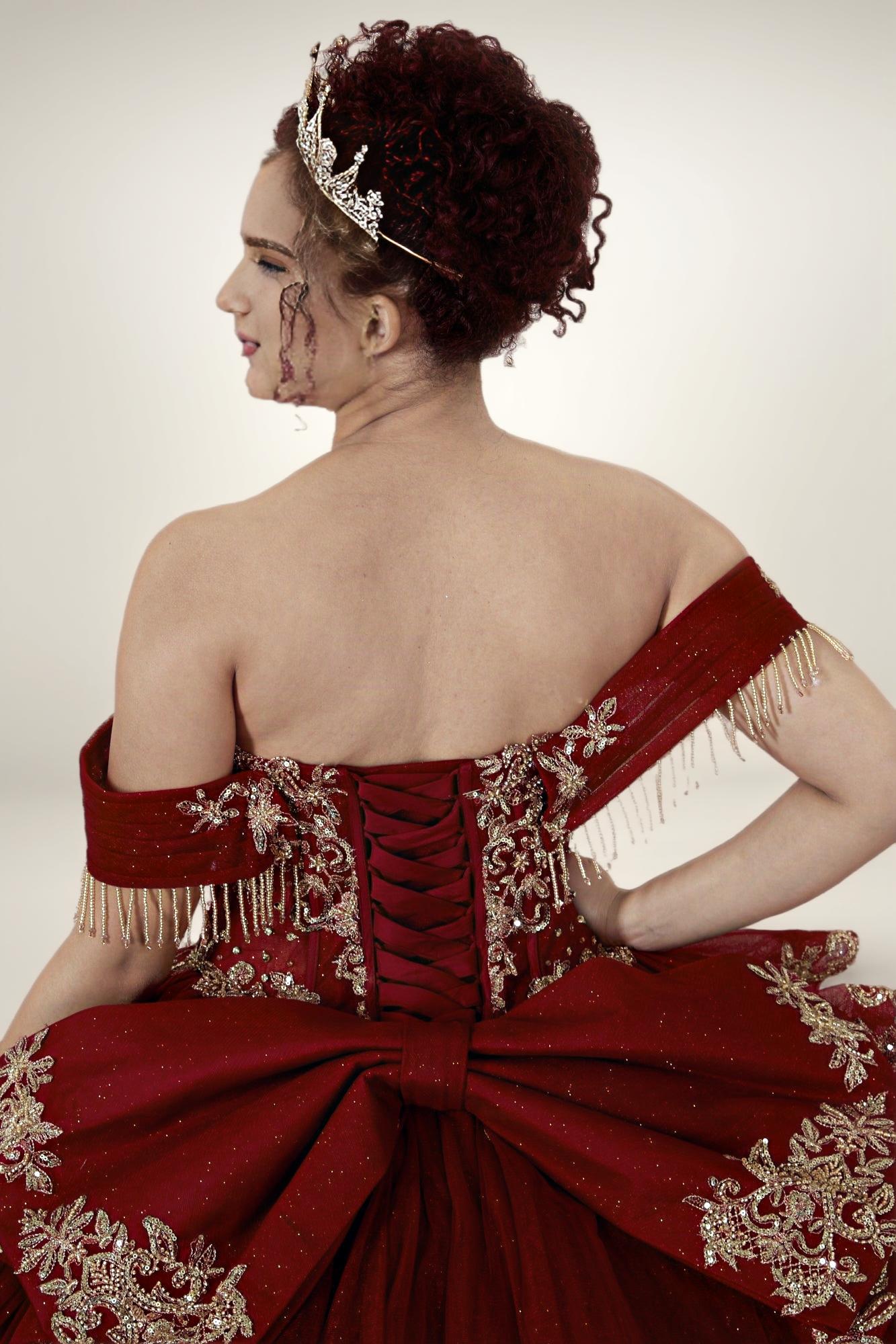 Burgundy Gold Off Shoulder Quinceanera Dress Beaded Fringe Glitter Tulle Ball Gown (ZD17593)