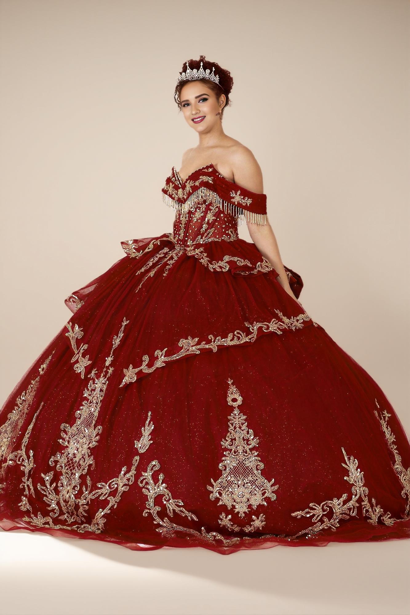 Burgundy Gold Off Shoulder Quinceanera Dress Beaded Fringe Glitter Tulle Ball Gown (ZD17593)