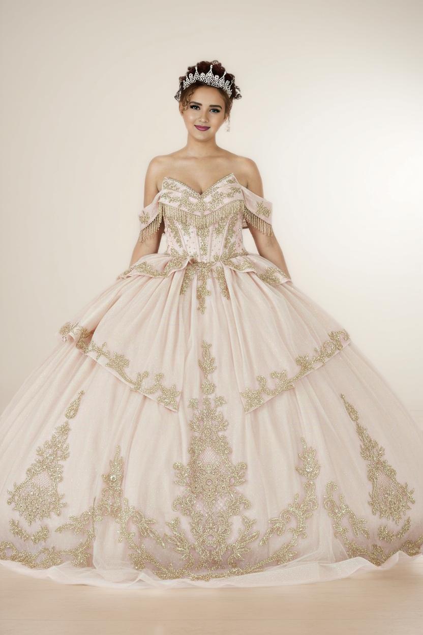 Burgundy Gold Off Shoulder Quinceanera Dress Beaded Fringe Glitter Tulle Ball Gown (ZD17593)