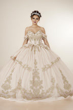 Burgundy Gold Off Shoulder Quinceanera Dress Beaded Fringe Glitter Tulle Ball Gown (ZD17593)