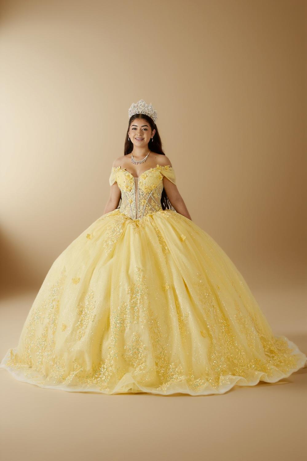 Yellow 3D Floral Off Shoulder Quinceanera Dress Beaded Glitter Tulle Ball Gown (ZD17595)