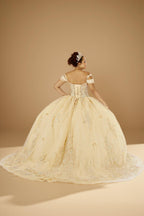 Yellow 3D Floral Off Shoulder Quinceanera Dress Beaded Glitter Tulle Ball Gown (ZD17595)
