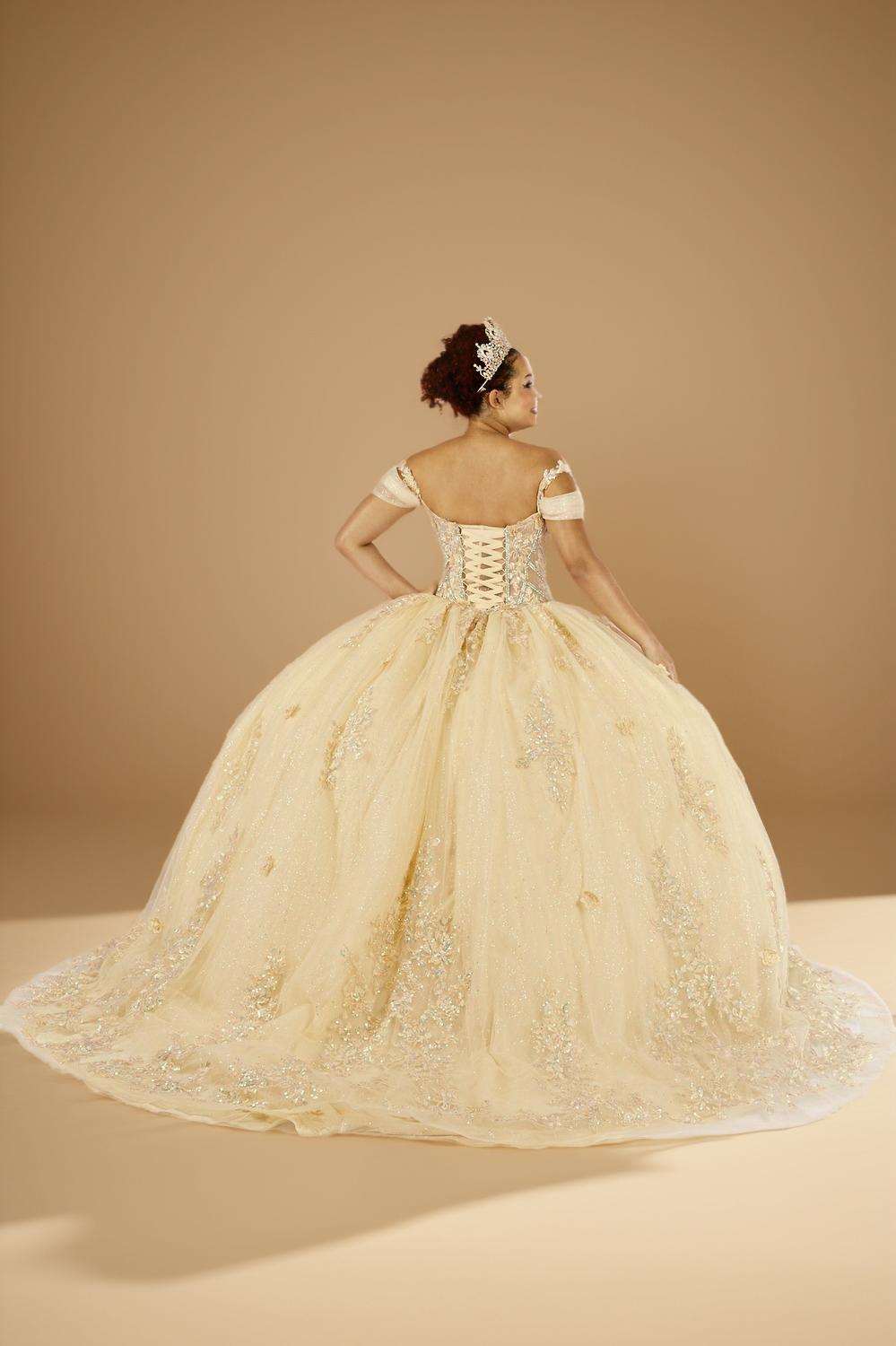 Yellow 3D Floral Off Shoulder Quinceanera Dress Beaded Glitter Tulle Ball Gown (ZD17595)