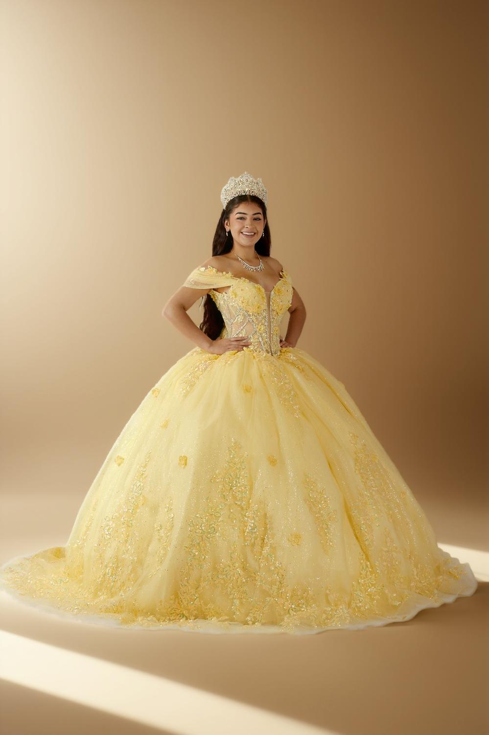 Yellow 3D Floral Off Shoulder Quinceanera Dress Beaded Glitter Tulle Ball Gown (ZD17595)