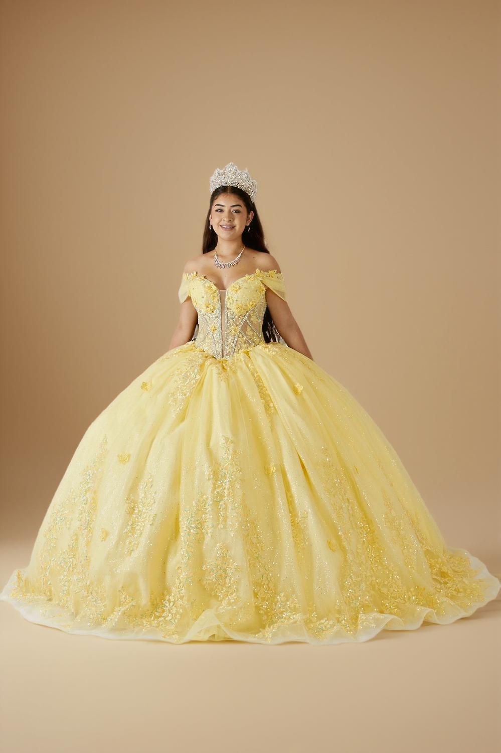 Yellow 3D Floral Off Shoulder Quinceanera Dress Beaded Glitter Tulle Ball Gown (ZD17595)