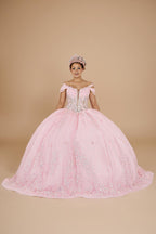 Yellow 3D Floral Off Shoulder Quinceanera Dress Beaded Glitter Tulle Ball Gown (ZD17595)