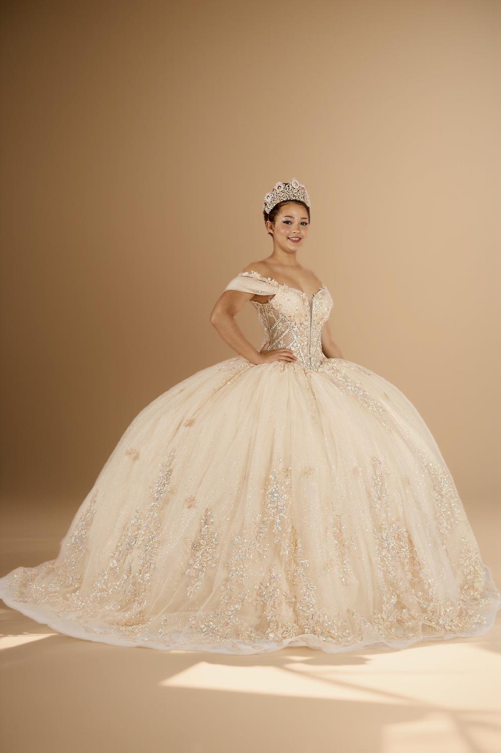Yellow 3D Floral Off Shoulder Quinceanera Dress Beaded Glitter Tulle Ball Gown (ZD17595)