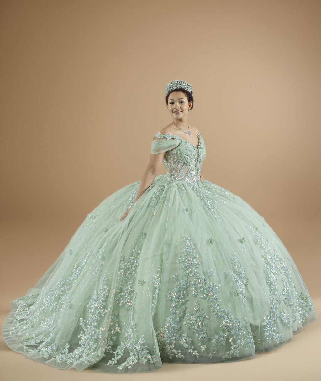 Yellow 3D Floral Off Shoulder Quinceanera Dress Beaded Glitter Tulle Ball Gown (ZD17595)