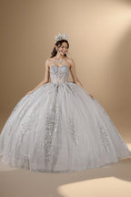 Silver Strapless Applique Quinceanera Dress Sequin Embroidered Glitter Tulle Ball Gown (ZD17596)