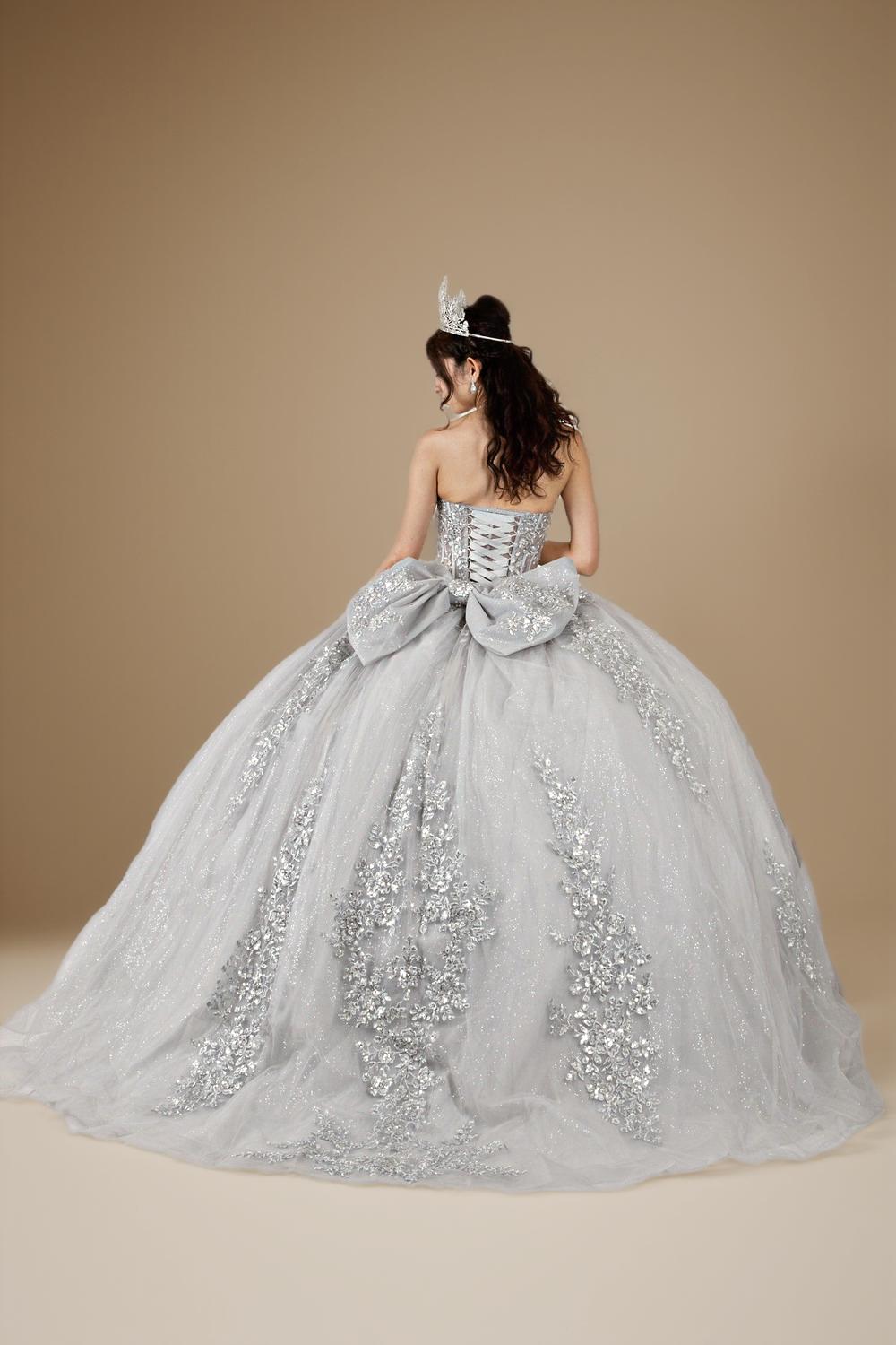 Silver Strapless Applique Quinceanera Dress Sequin Embroidered Glitter Tulle Ball Gown (ZD17596)