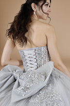 Silver Strapless Applique Quinceanera Dress Sequin Embroidered Glitter Tulle Ball Gown (ZD17596)