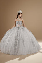 Silver Strapless Applique Quinceanera Dress Sequin Embroidered Glitter Tulle Ball Gown (ZD17596)