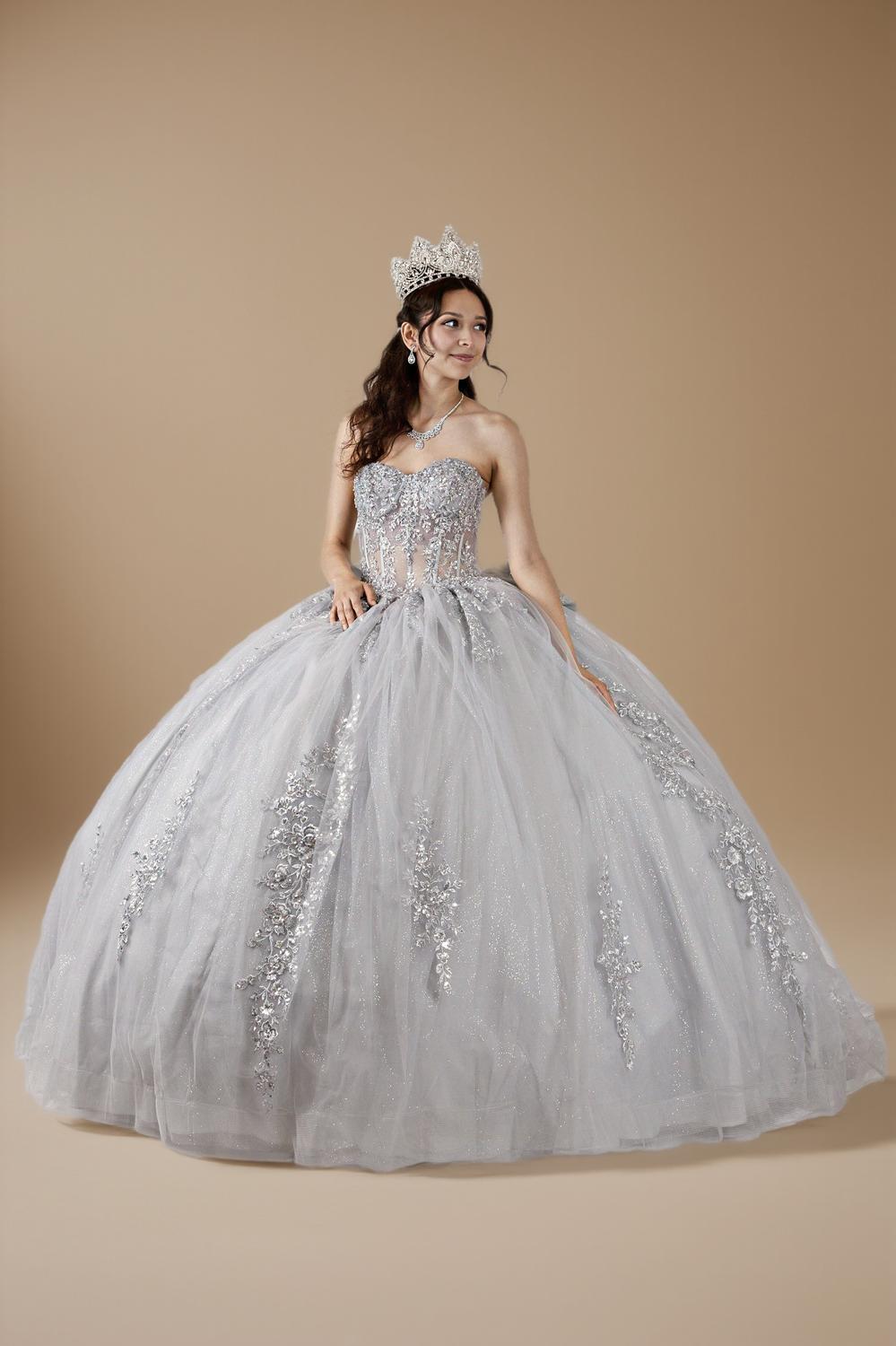 Silver Strapless Applique Quinceanera Dress Sequin Embroidered Glitter Tulle Ball Gown (ZD17596)