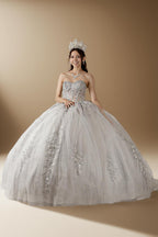 Silver Strapless Applique Quinceanera Dress Sequin Embroidered Glitter Tulle Ball Gown (ZD17596)