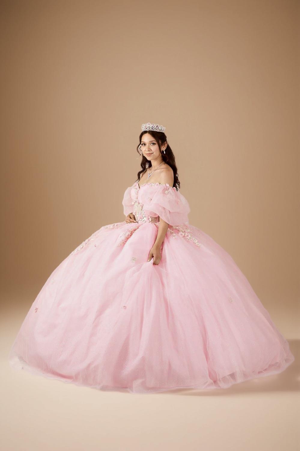 Blush Pink Puff Sleeve Quinceanera Dress 3D Floral Glitter Tulle Ball Gown (ZD17597)