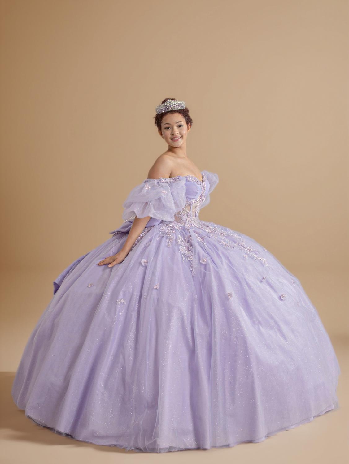 Blush Pink Puff Sleeve Quinceanera Dress 3D Floral Glitter Tulle Ball Gown (ZD17597)