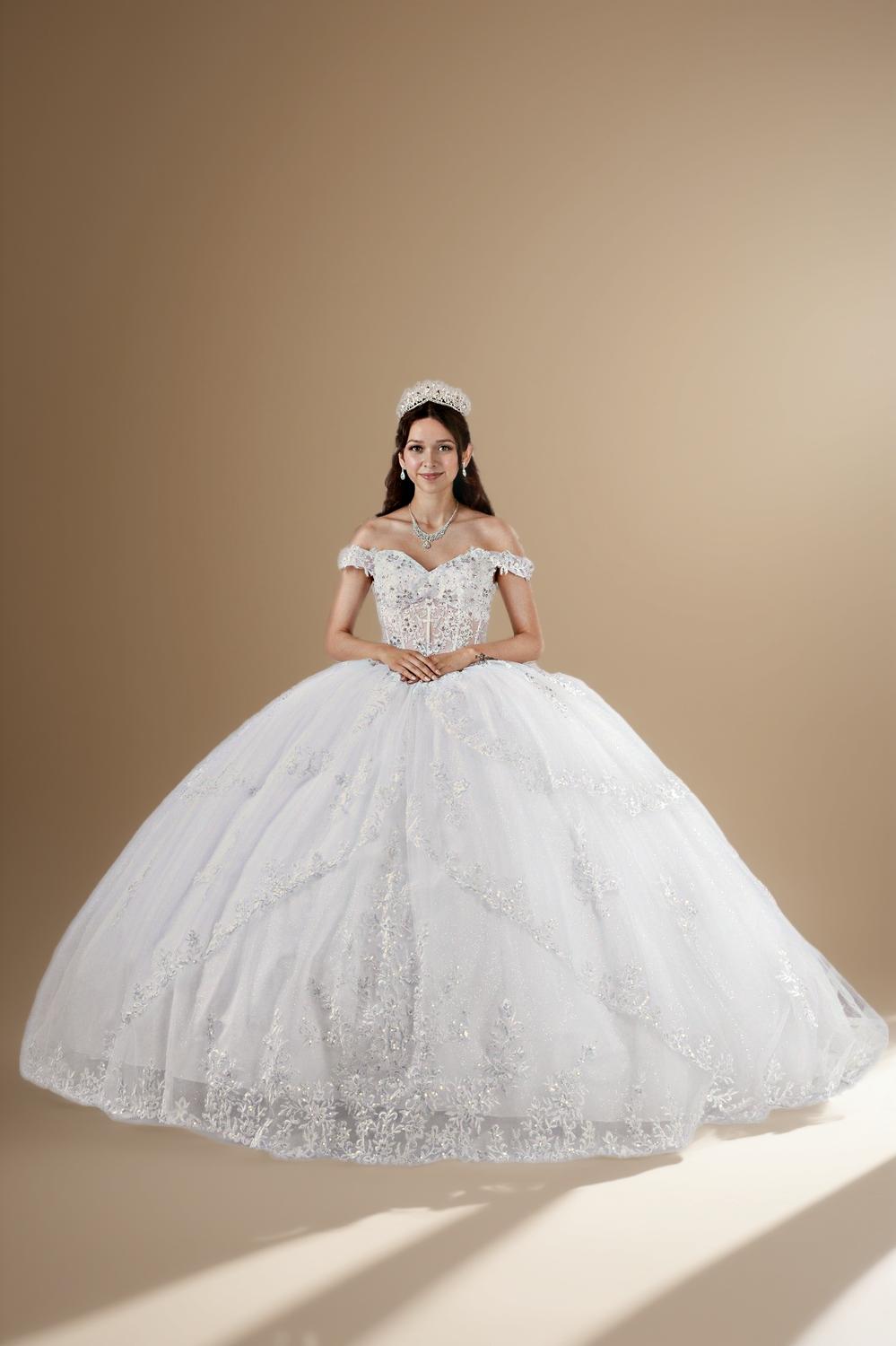 White Off Shoulder Layered Quinceanera Dress Embroidered Applique Tulle Ball Gown (ZD17598)