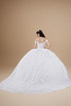 White Off Shoulder Layered Quinceanera Dress Embroidered Applique Tulle Ball Gown (ZD17598)
