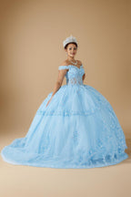 White Off Shoulder Layered Quinceanera Dress Embroidered Applique Tulle Ball Gown (ZD17598)