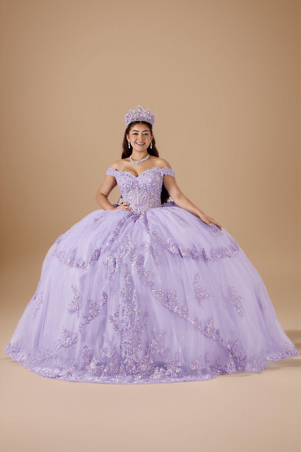White Off Shoulder Layered Quinceanera Dress Embroidered Applique Tulle Ball Gown (ZD17598)
