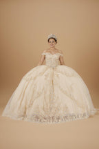 White Off Shoulder Layered Quinceanera Dress Embroidered Applique Tulle Ball Gown (ZD17598)