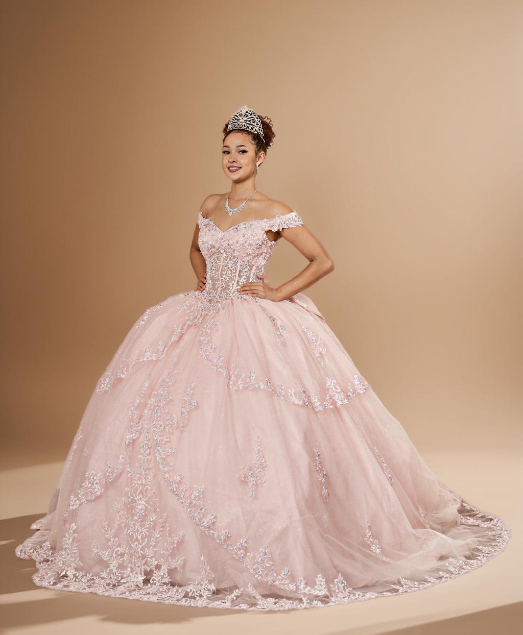 White Off Shoulder Layered Quinceanera Dress Embroidered Applique Tulle Ball Gown (ZD17598)