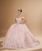 White Off Shoulder Layered Quinceanera Dress Embroidered Applique Tulle Ball Gown (ZD17598)