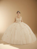 Champagne Sleeveless Quinceanera Dress Butterfly Straps Lace Applique Glitter Ball Gown (ZD17599)