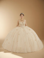 Champagne Sleeveless Quinceanera Dress Butterfly Straps Lace Applique Glitter Ball Gown (ZD17599)