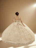 Champagne Sleeveless Quinceanera Dress Butterfly Straps Lace Applique Glitter Ball Gown (ZD17599)