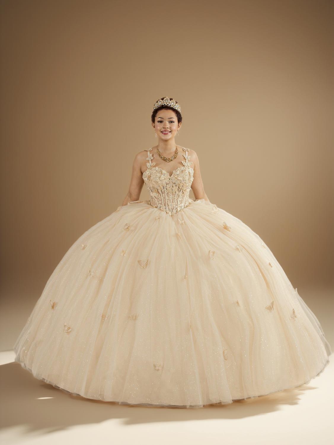 Champagne Sleeveless Quinceanera Dress Butterfly Straps Lace Applique Glitter Ball Gown (ZD17599)