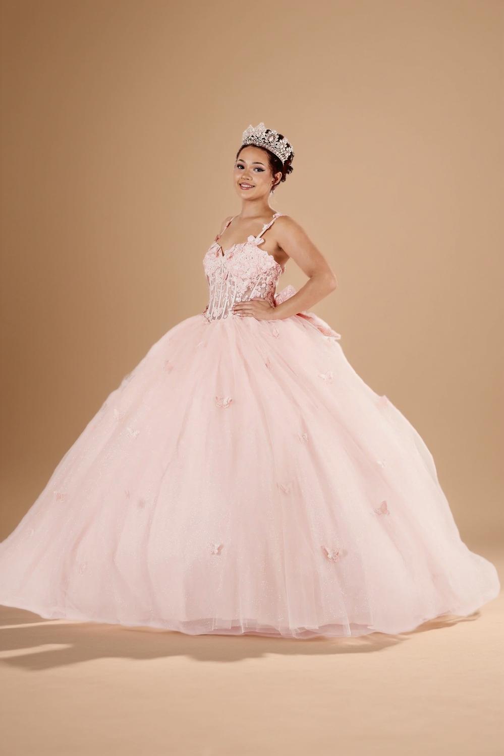 Champagne Sleeveless Quinceanera Dress Butterfly Straps Lace Applique Glitter Ball Gown (ZD17599)