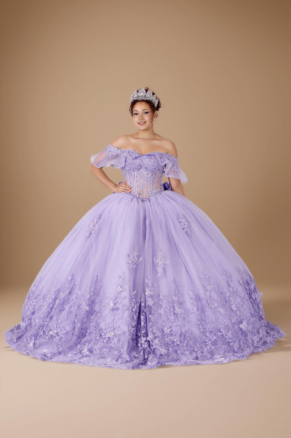 Lilac Off Shoulder Bow Quinceanera Dress Ruffle Sleeve Applique Glitter Tulle Ball Gown (ZD17600)