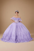 Lilac Off Shoulder Bow Quinceanera Dress Ruffle Sleeve Applique Glitter Tulle Ball Gown (ZD17600)
